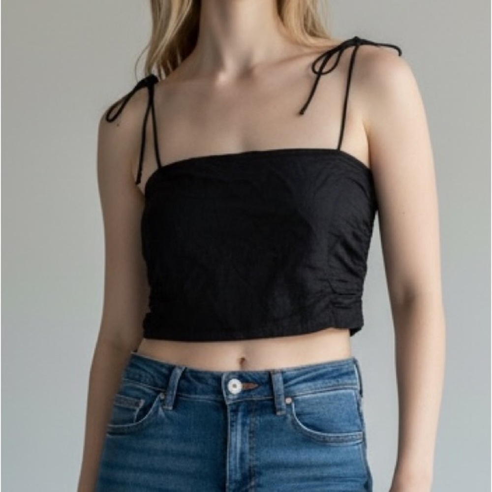 Zara Black Satin Smocked Back Bandeau Crop Top Size Small